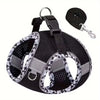 Black reflective dog and cat harness with attached leash and strap