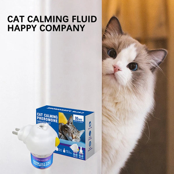 A white cat calming pheromone diffuser refill bottle next to a box labeled Cat Calming Pheromone Diffuser for cats.