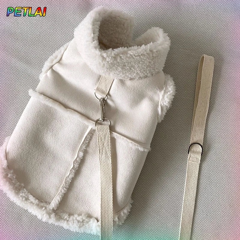 White luxury cotton dog vest with faux fur trim and adjustable strap
