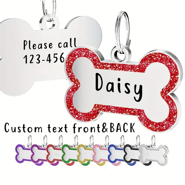 A set of personalized engraved pet ID tags featuring the name Daisy and various colored bone shapes.