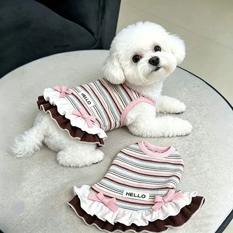 Striped Dog Dress with Bowknot - Cute Ruffle Summer Outfit for Small Dogs