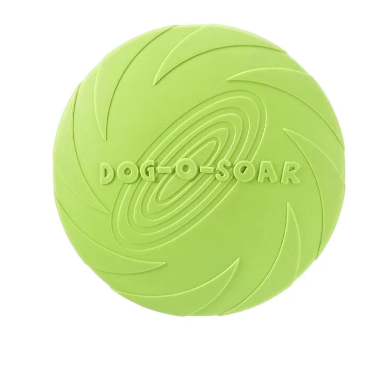 A bright lime green silicone flying disc for dogs with a swirling pattern.