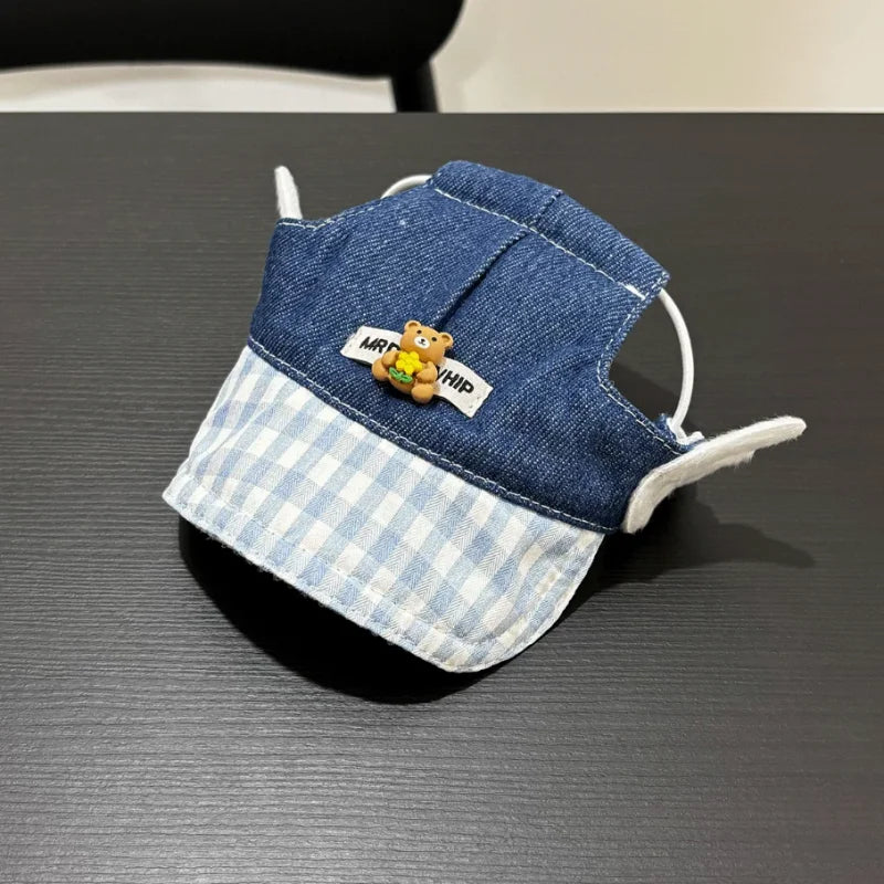 Denim Dog Harness and Leash Set with Matching Hat