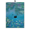 An abstract painting featuring shades of blue and green with a black silhouette of a cat swimming in the water.