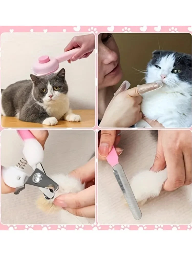 Tierpflege-Set mit Katze und Werkzeugen für Nagelpflege und Baden.