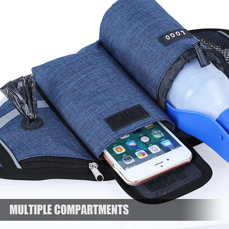 A blue fabric dog walking belt with a treat pouch and bungee leash, featuring multiple compartments.