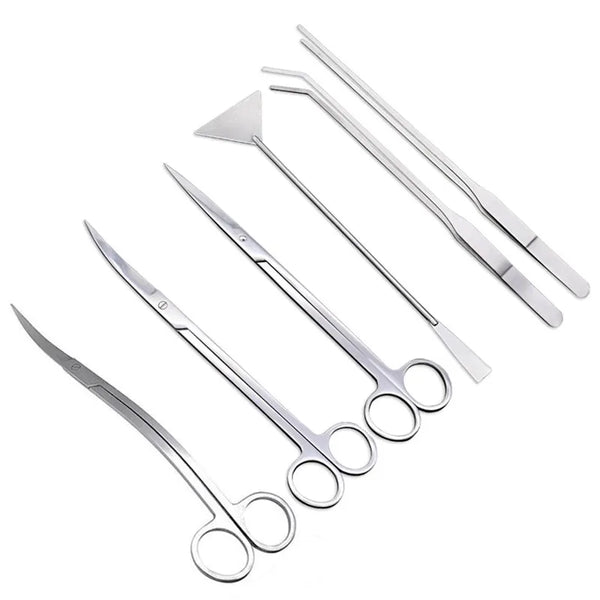 A set of stainless steel aquarium scissors and tweezers.