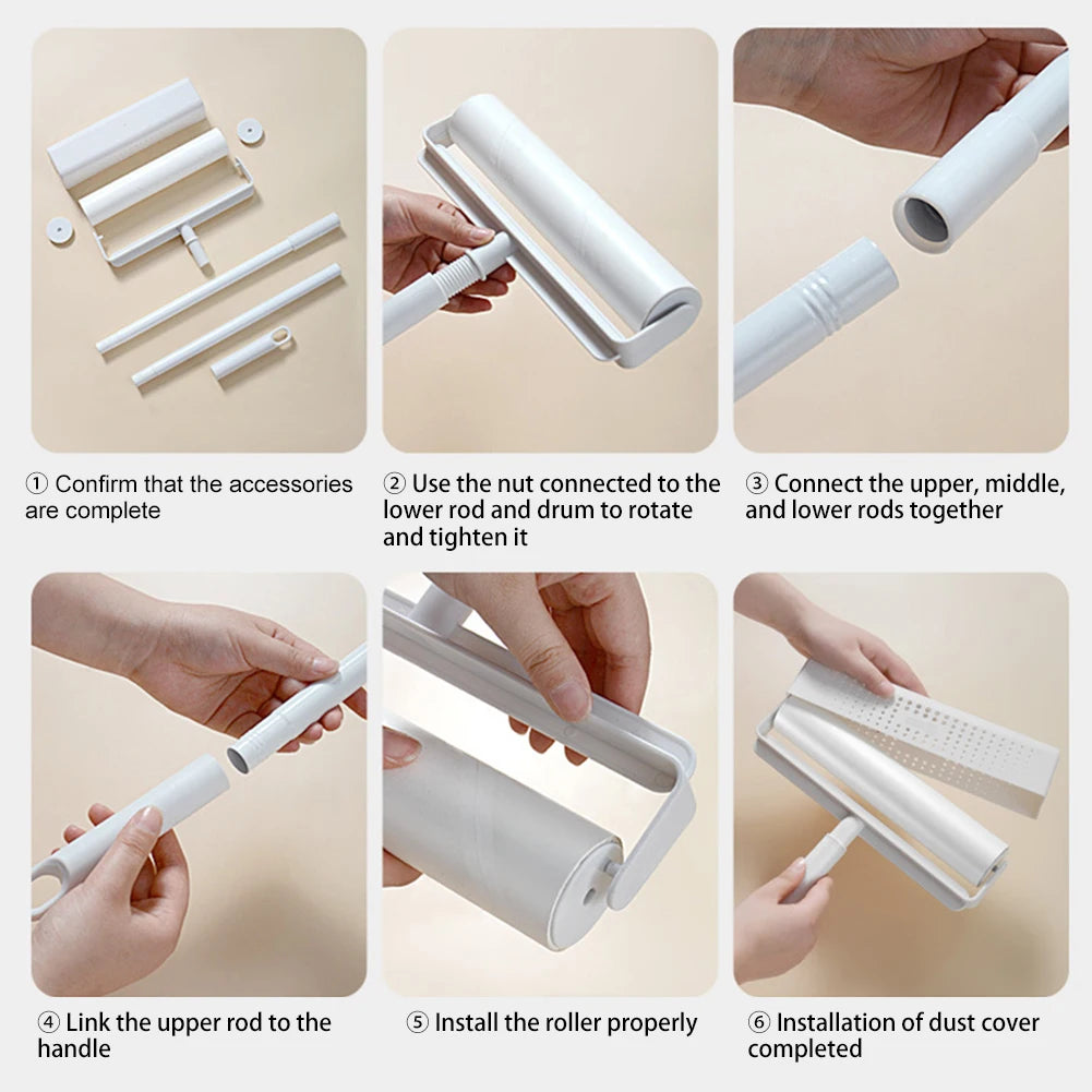 Step-by-step instructions showing how to assemble and install a multipurpose tearable lint roller with an extendable handle