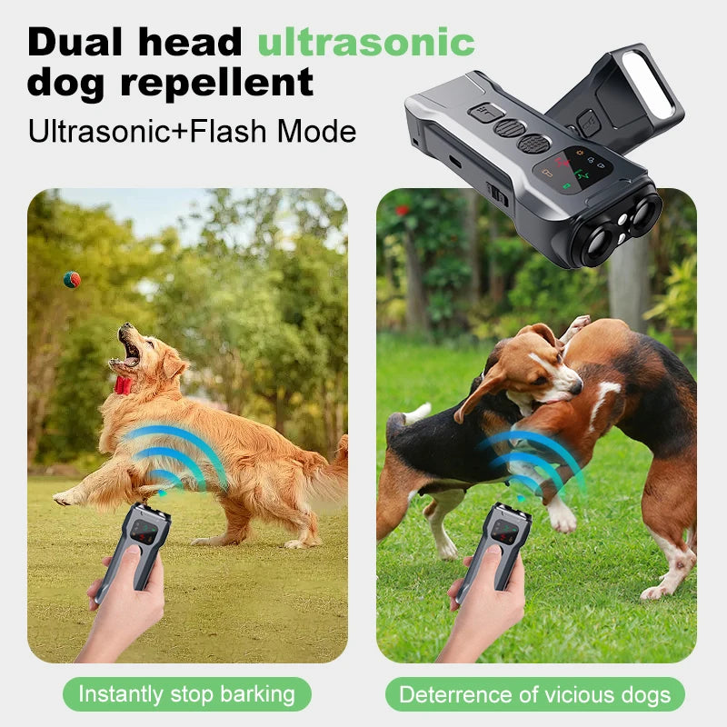 A dual-head ultrasonic dog repellent device is shown in use, deterring dogs with sound and a flash light.