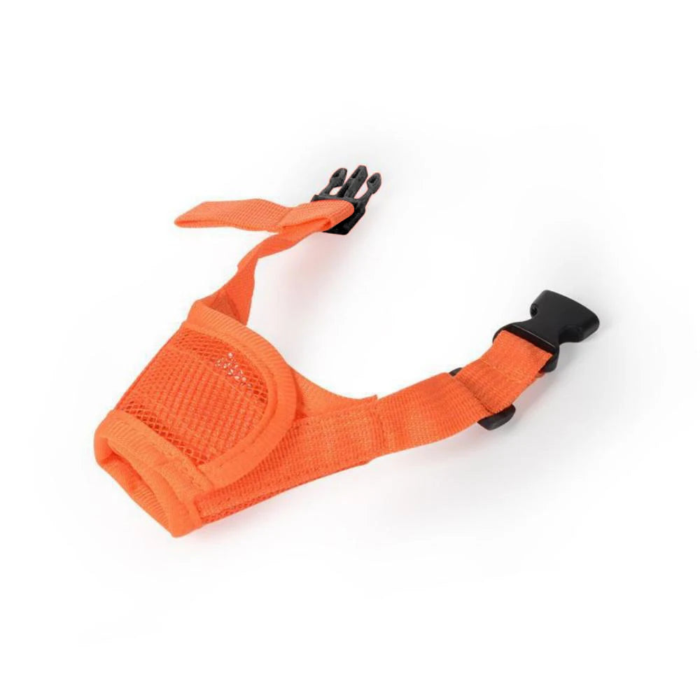 An orange adjustable breathable dog muzzle with black straps is shown against a white background.
