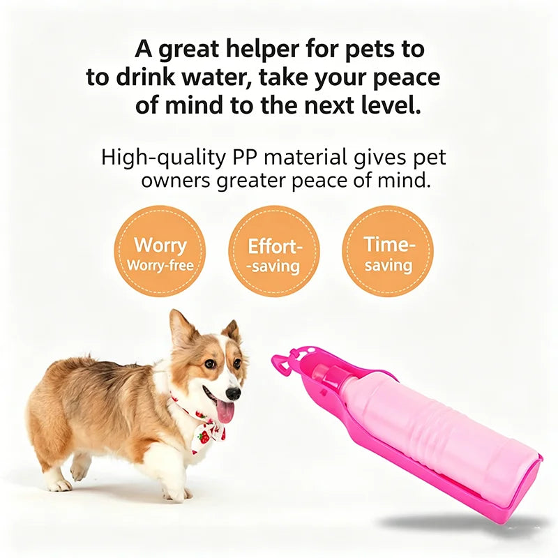 Pinke faltbare Haustierflasche mit Ein-Klick-Dispenser neben einem orangen Hund.