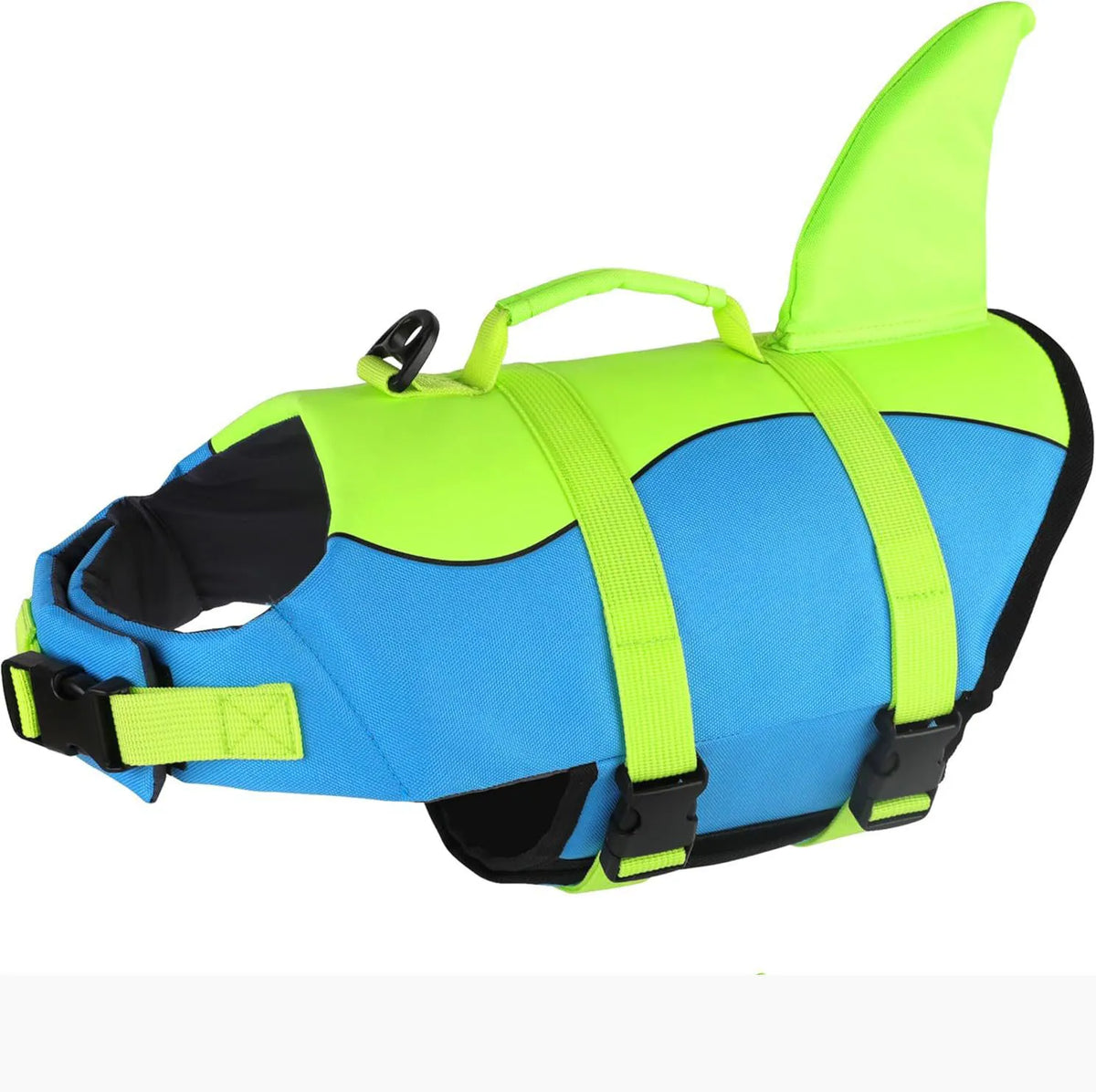 Neon yellow and blue dog life jacket for swimming with reflective features
