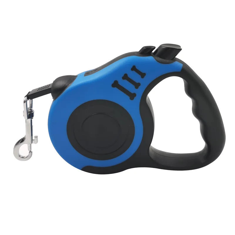 A blue and black retractable dog leash with a comfortable grip and three visible markings.