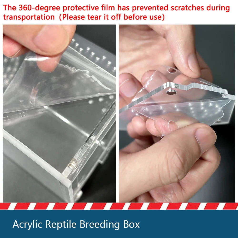 A hand removes a 360-degree protective film from an acrylic reptile breeding box.