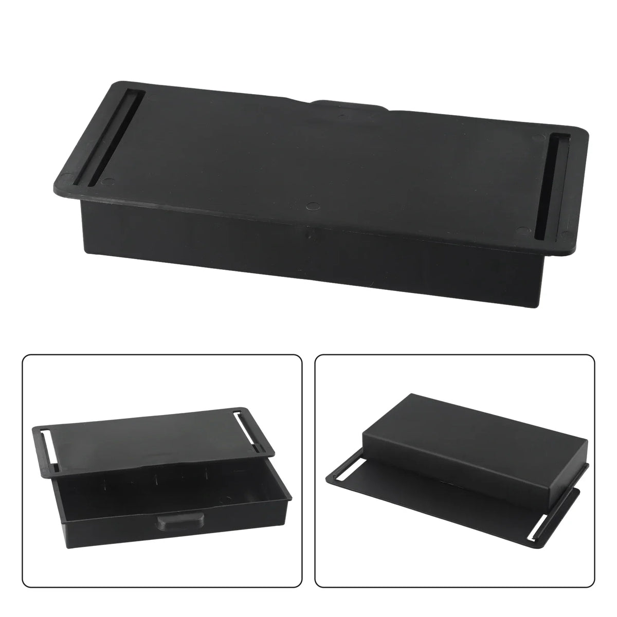 Black under desk drawer organizer with a dust-proof cover shown in multiple views.
