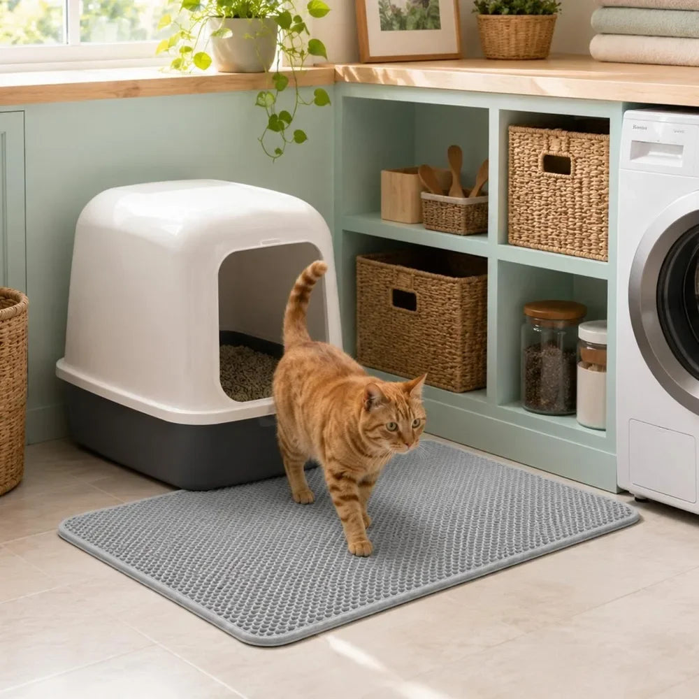 An extra large double-layer cat litter mat with a honeycomb surface placed on a light-colored floor.