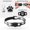 A black and white plaid adjustable cat collar with a bell and an AirTag silicone case attached.