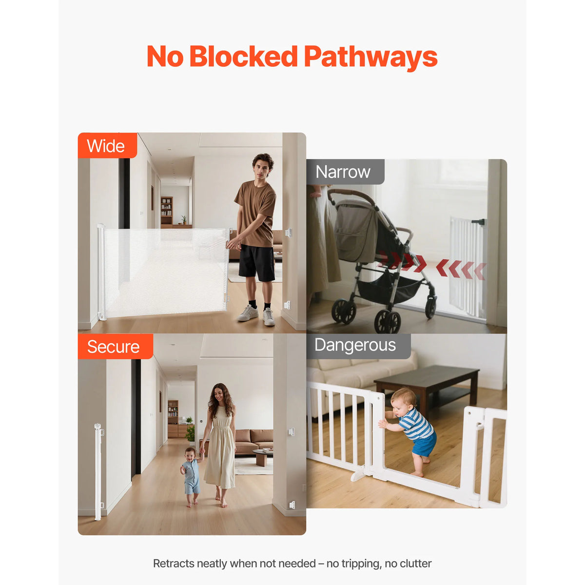 Images demonstrating the wide, narrow, secure, and dangerous pathways of a retractable mesh safety gate.