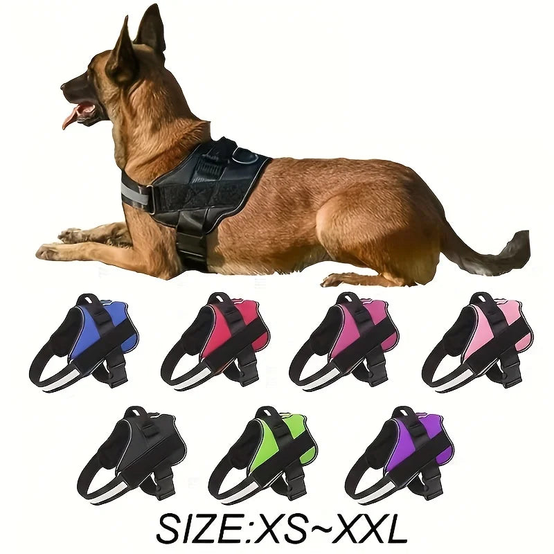 A brown dog wearing a black adjustable reflective vest harness with a handle, shown from the side.