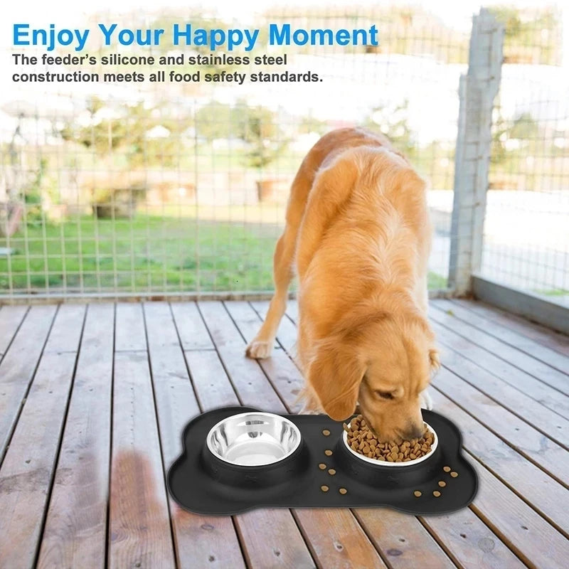 Double Dog Bowl Set with Anti-Slip Silicone Mat