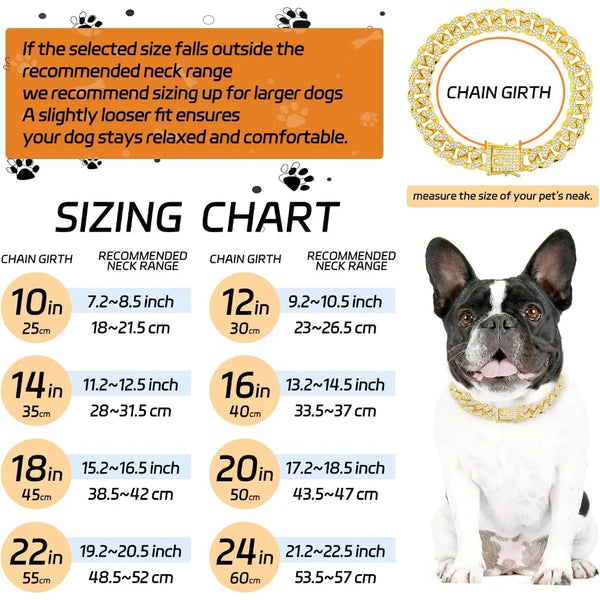 A sizing chart for a gold plated diamond link dog collar necklace showing recommended neck ranges for various dog sizes.