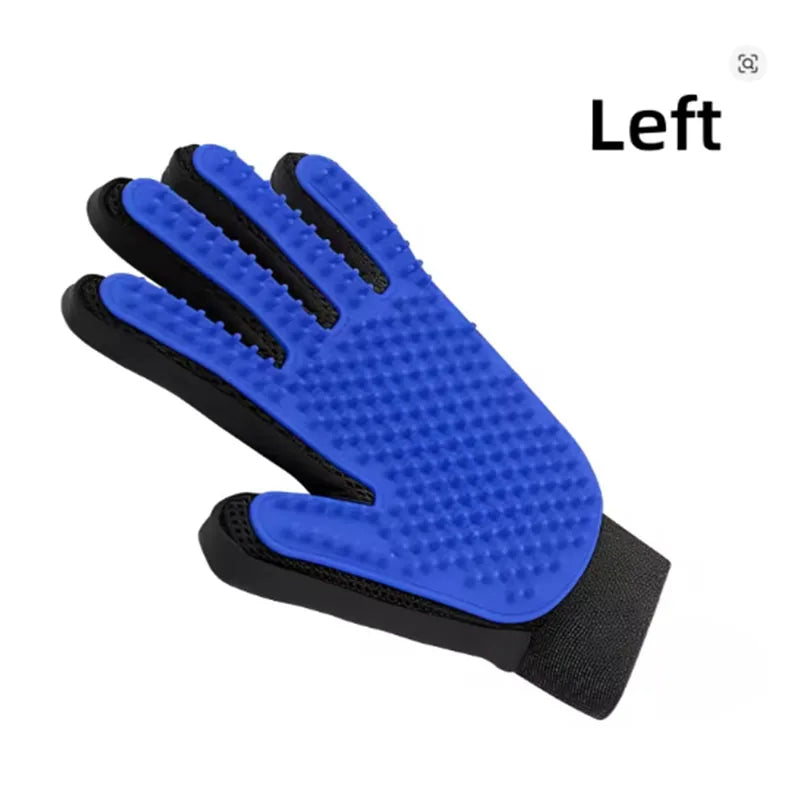 A blue and black silicone pet grooming glove shown from the palm side.