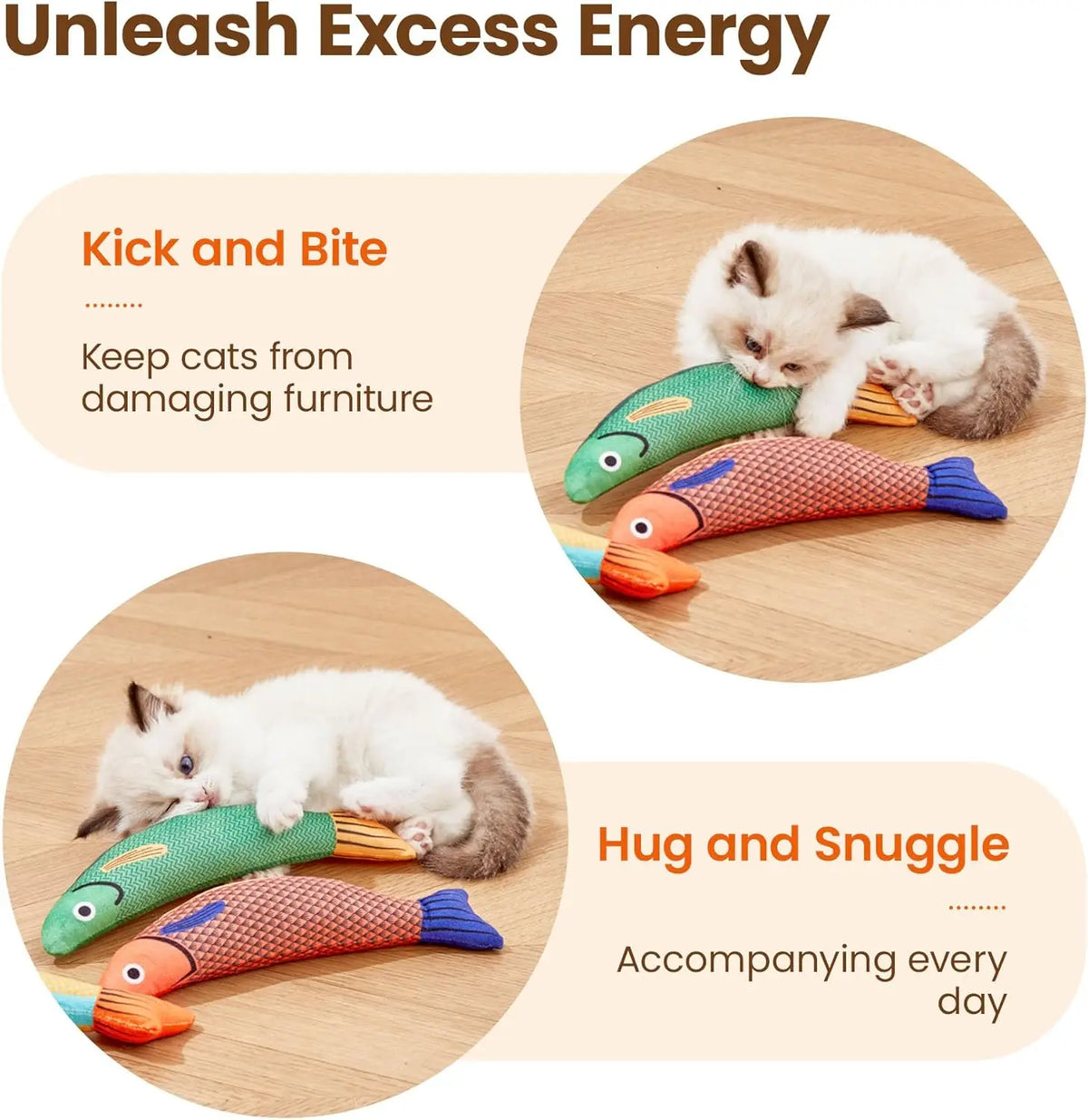A set of three catnip fish toys in green, pink, and orange are shown for cats to play with.