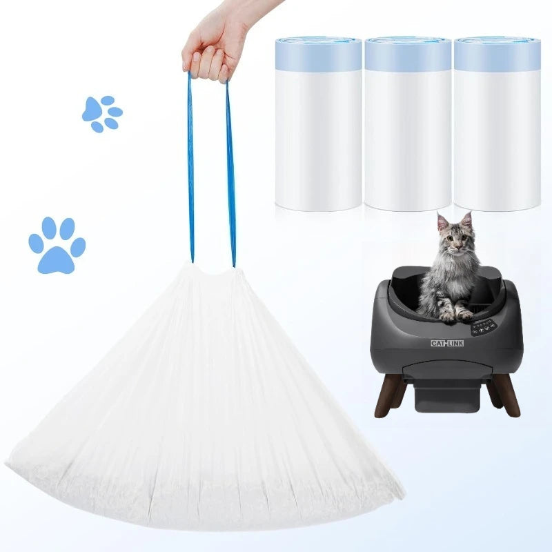 Weiße wiederverwendbare Katzenstreubox-Liner, drei zylindrische Liner und eine Katze, die eine Streubox benutzt.