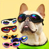 A light-colored dog wearing black and colored sunglasses with adjustable straps.