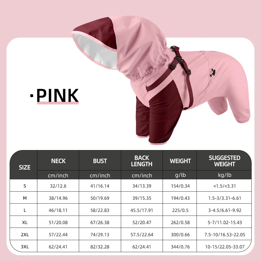 Double-Layer Waterproof Dog Raincoat with Built-in Harness and Detachable Hood