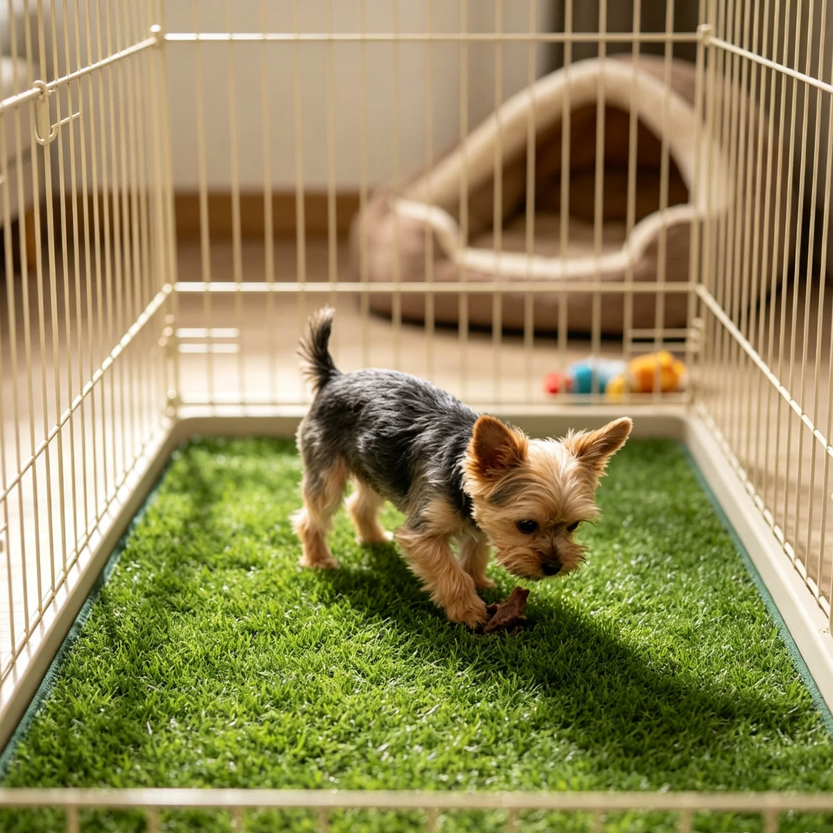 A small, fluffy dog is standing on a green artificial grass mat inside a wire dog crate.