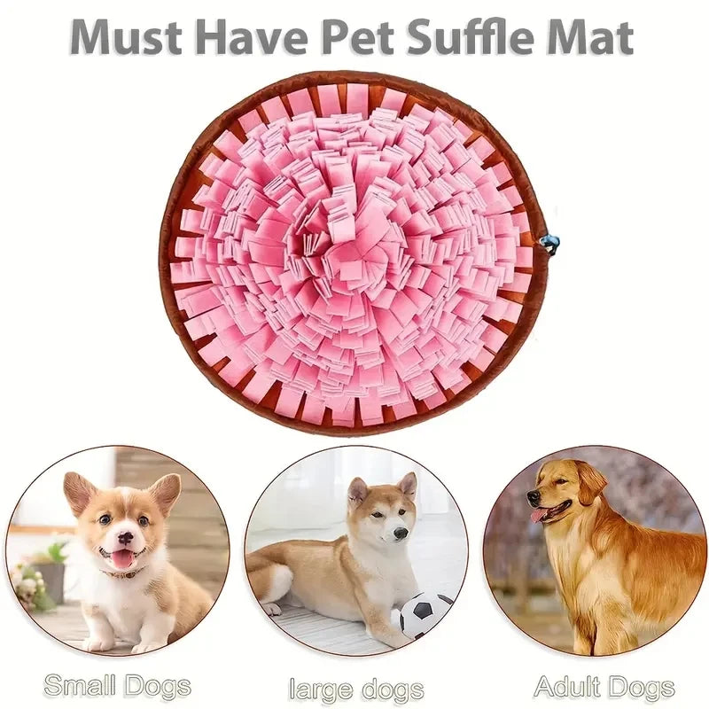 Pink foldable felt sniffing mat for dogs shown with small and large dog labels