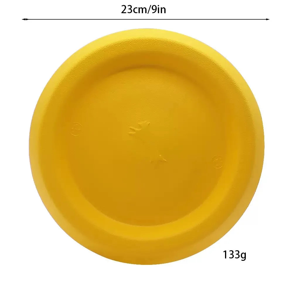 A bright yellow rubber fetch ball designed for dogs, measuring 23cm/9in and weighing 133g.