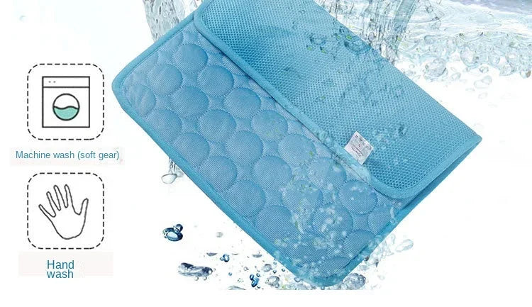 Light blue ice silk cooling pet mat shown with icons for machine wash and hand wash