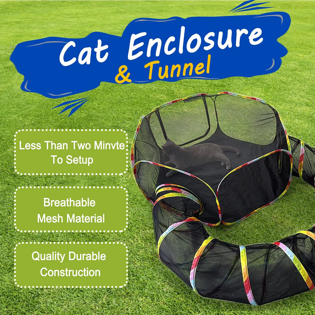 Enclos extérieur noir pour chat avec tente et tunnel, installé sur de l'herbe verte.