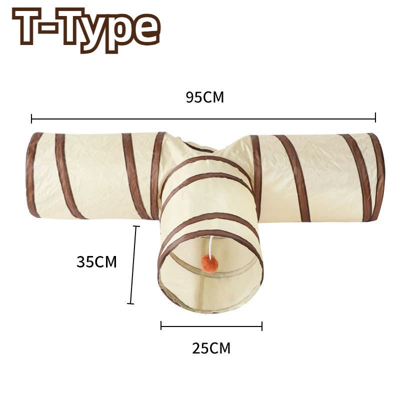 A beige T-Type foldable pet play tunnel for cats and small animals shown with dimensions.