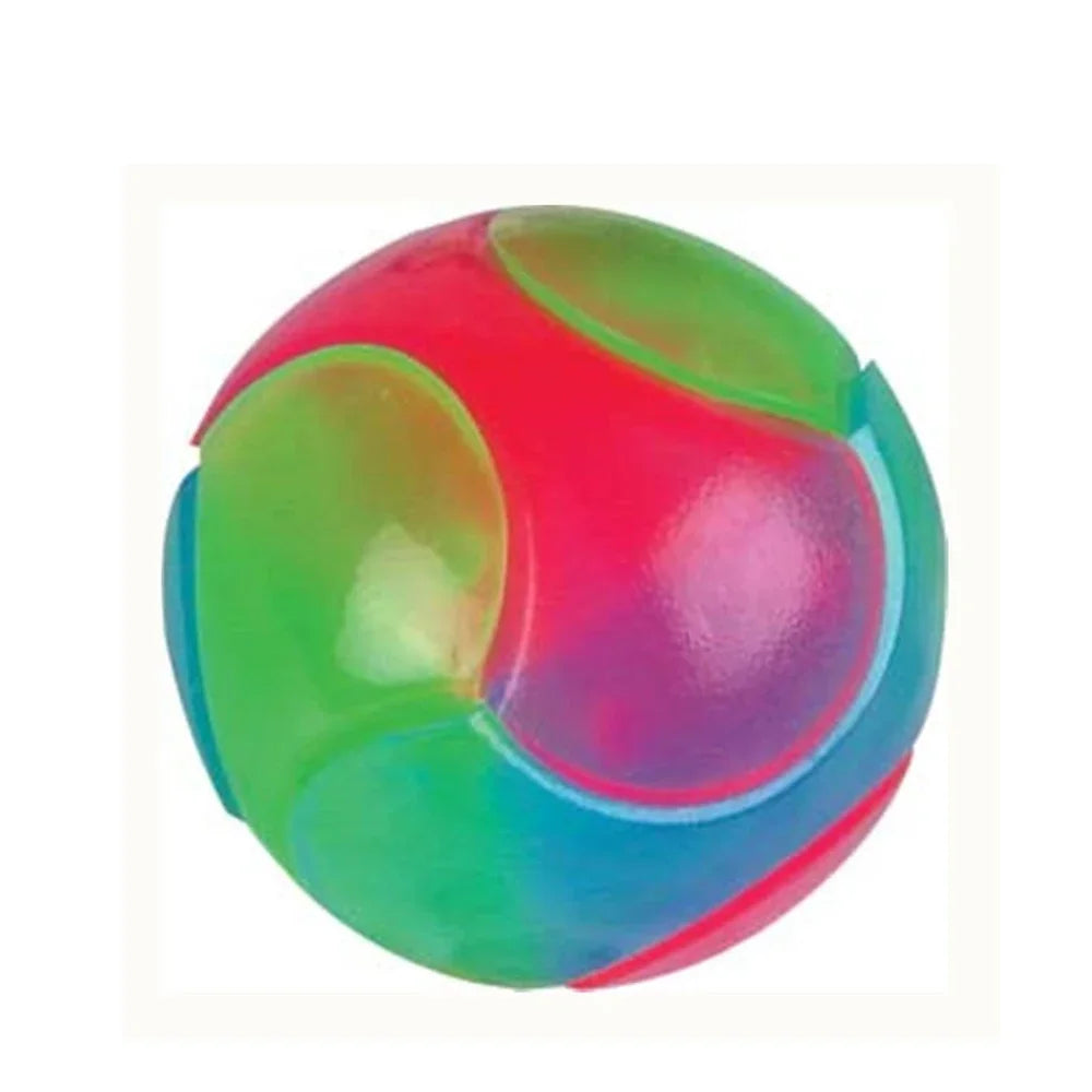 A brightly colored, translucent rubber fetch ball with pink, green, and blue sections.