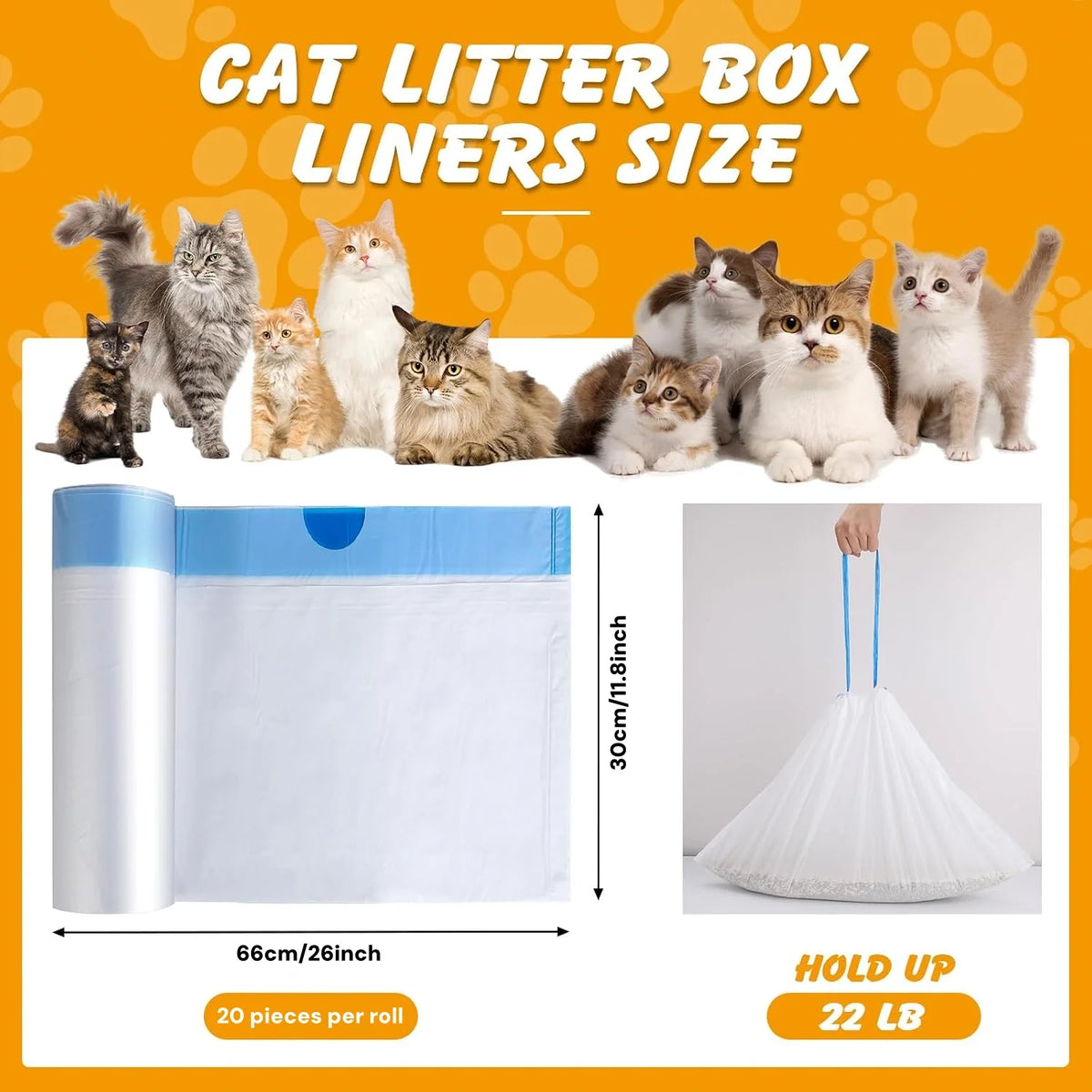 Roll of cat litter box liners showing various sizes and a full liner with dimensions 66cm/26inch.