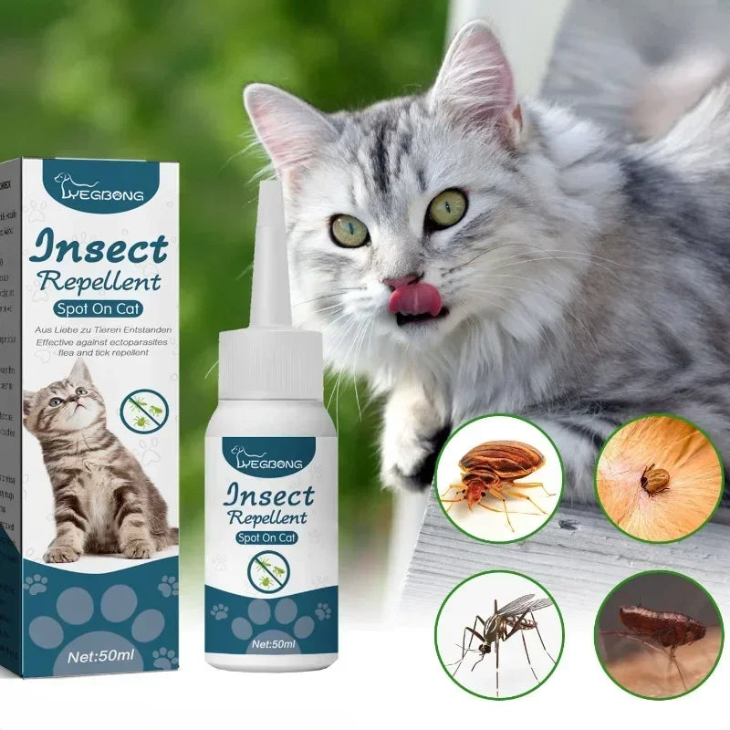 Un chat gris est montré à côté d'une bouteille de répulsif anti-puces et tiques pour animaux de compagnie.