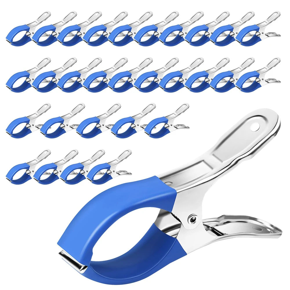 A set of six stainless steel pool cover clamps with blue handles arranged in a row and a larger clamp shown below.