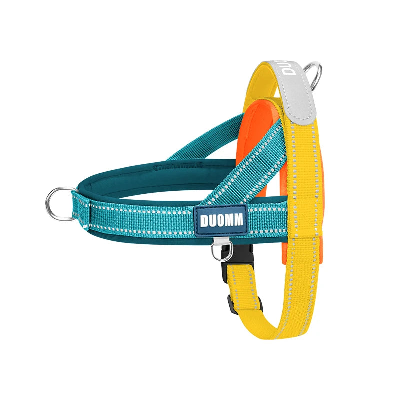 A yellow and gray durable reflective dog harness with an orange strap and blue webbing.