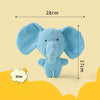 A light blue elephant plush toy with large ears and a trunk, shown against a beige background.