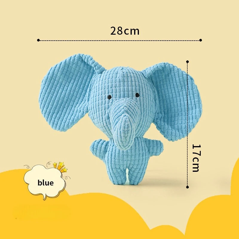 A light blue elephant plush toy with large ears and a trunk, shown against a beige background.