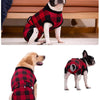 A British Bulldog wearing a red and black plaid dog suit sitting on a couch.