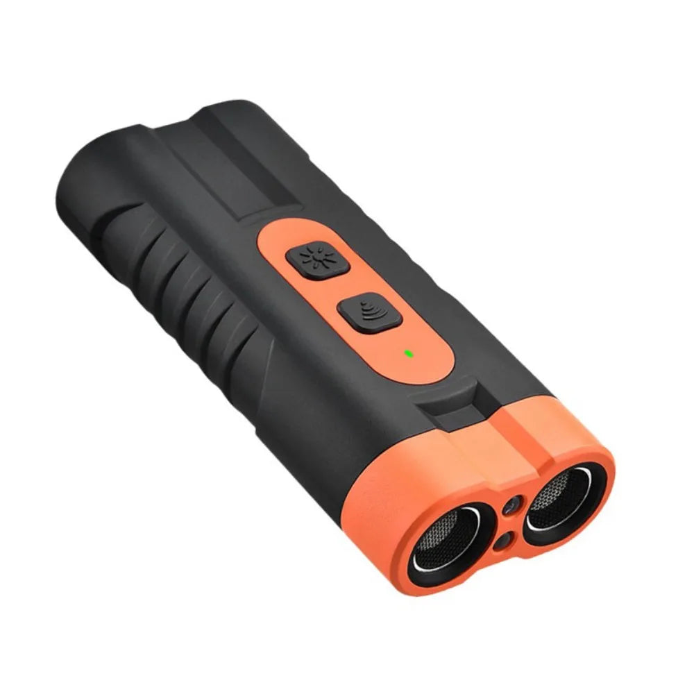 Black and orange rechargeable ultrasonic dog repeller with an LED flashlight.