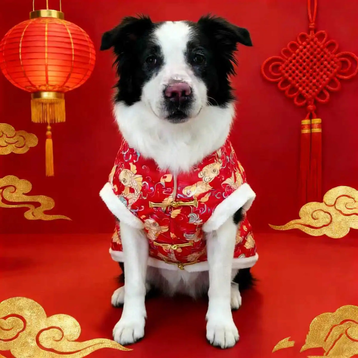 A black and white dog wearing a red traditional Chinese pattern hoodie, set against a red background with lanterns.