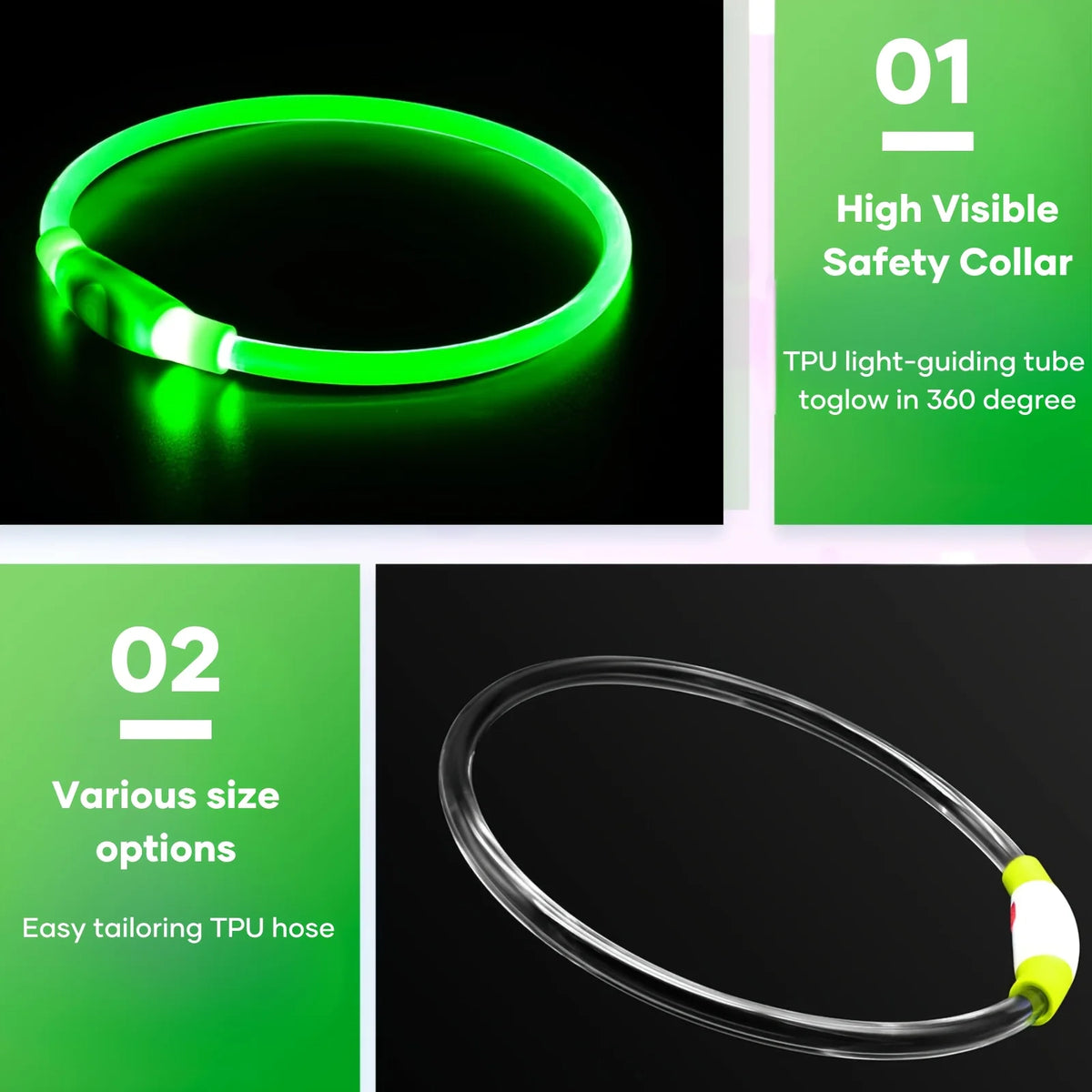Collar de seguridad luminoso verde brillante de TPU para perros, visto en 360 grados.