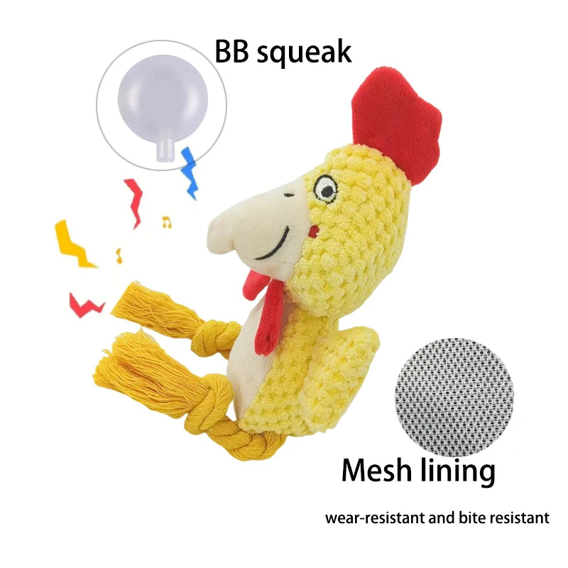 A yellow plush dog toy with a red ear, showing its mesh lining and BB squeak feature.