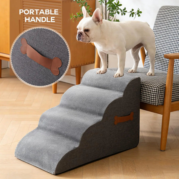 A portable pet stair ramp for a dog is shown next to a white dog and an illustration of the product.
