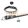 A black leather dog collar adorned with glittering rhinestones and crystal accents.